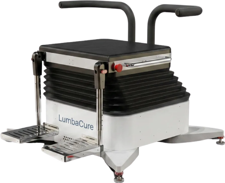 Le dispositif LumbaCure® : assise robotisée, poignées et repose-pieds